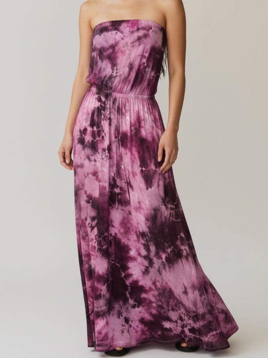Rolla Coster Dresses & Skirts - Burgundy Tie-Dye Strapless Tube Maxi Dress Pink Earthy Hippie Reworked Size S
